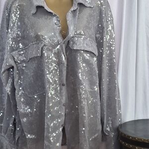 Free People Silver Sequin Button Down Shirt